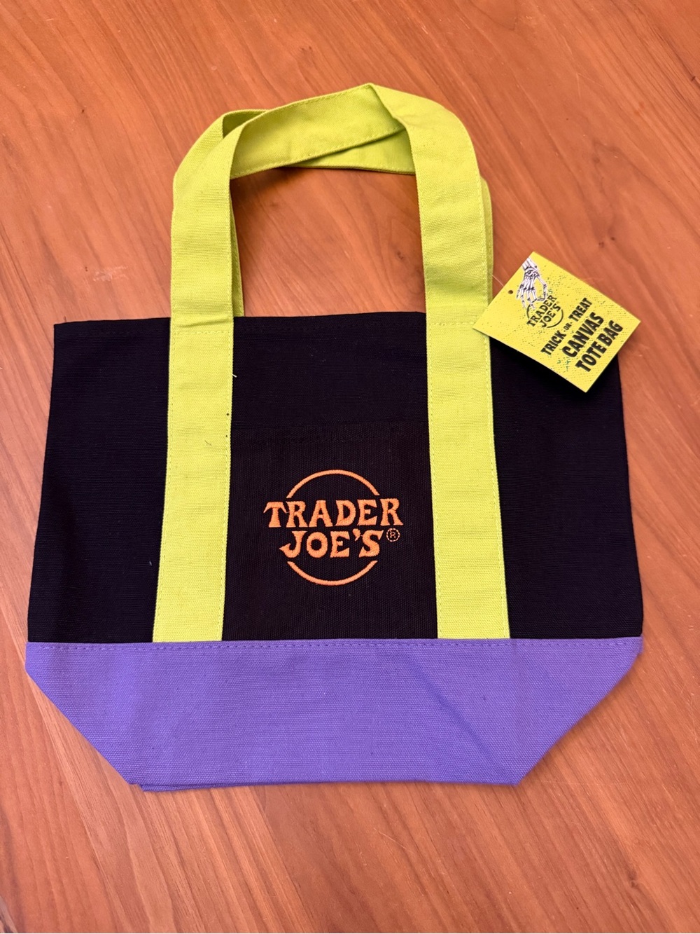 Black Canvas Tote with Lime Handles and Purple Base - Trader Joe’s tote